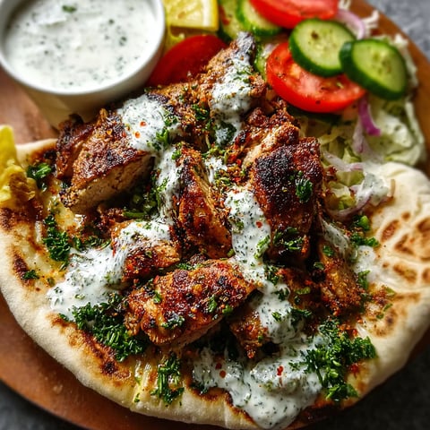 A delicious Chicken Shawarma Garlic Sauce meal is served on a wooden platter, featuring a variety of vegetables and meat.