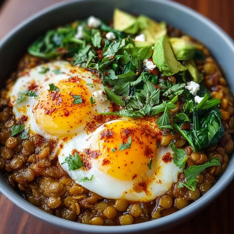 A bowl of Savory Lentil Breakfast Bowl with two eggs on top.
