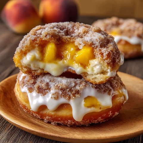 Two donuts with peaches and cream filling, topped with powdered sugar and a dusting of cinnamon.