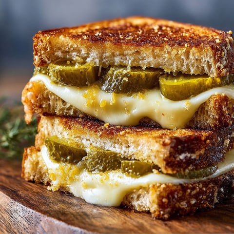 A delicious grilled cheese sandwich with pickles on top.
