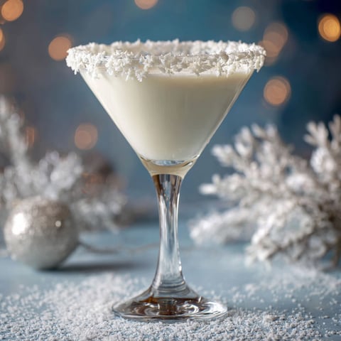 A glass of Snowflake Martini is garnished with a dusting of powdered sugar and topped with a sprig of mint.