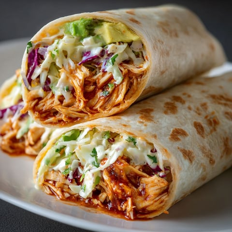 Two BBQ Chicken Coleslaw Wraps are served on a plate.