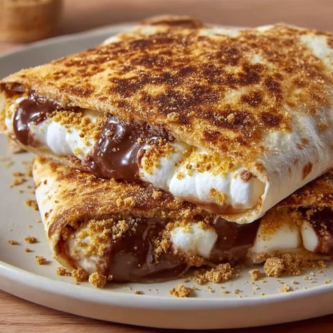 A plate of S'mores Crunchwrap sandwiches with chocolate drizzle and marshmallows.