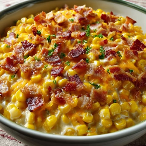 A bowl of Slow Cooker Cheddar Corn with Bacon, ready to be enjoyed.