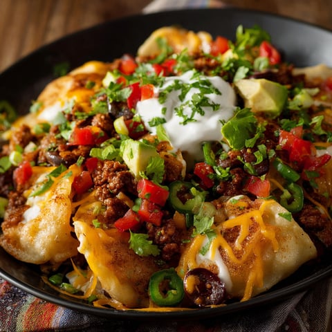 A plate of Loaded Pierogi Nachos is served on a table.