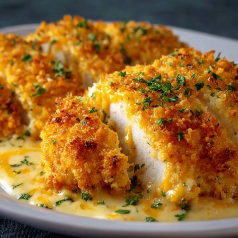 A plate of Crispy Cheddar Chicken with a creamy sauce.