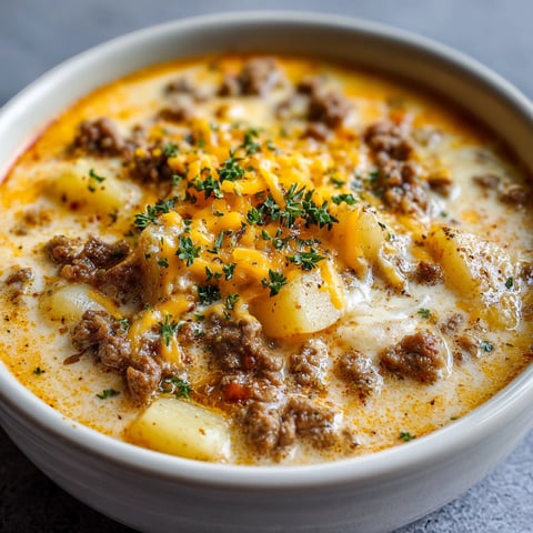 A bowl of Cheesy Hamburger Potato Soup with a generous amount of cheese and meat.