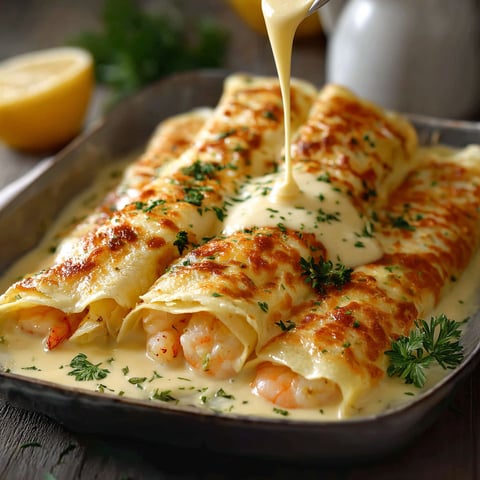 A dish of seafood crepes with a white sauce is served on a table.