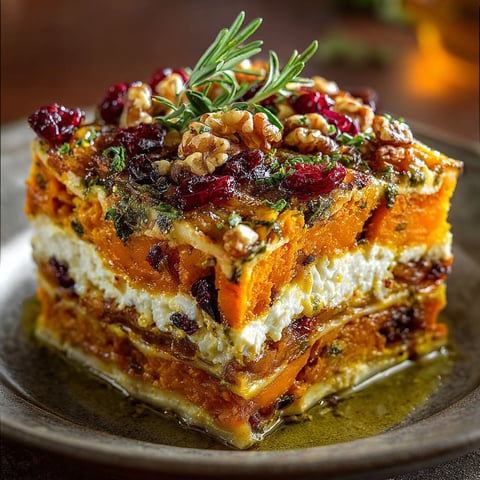 A delicious layered sweet potato, pumpkin, carrot lasagna with feta cheese.