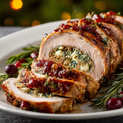 A delicious Christmas stuffed pork tenderloin is displayed on a plate, ready to be enjoyed.
