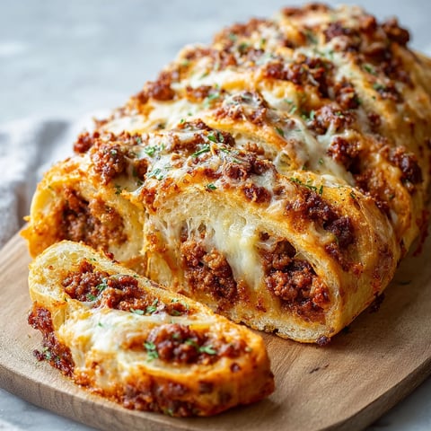 A delicious Irresistible Cheesy Beef Garbage Bread is displayed on a wooden cutting board.