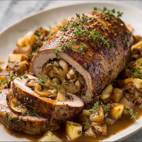 A delicious stuffed beef tenderloin with apple bourbon gravy.