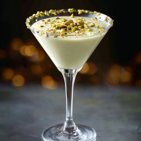 A glass of White Chocolate Pistachio Martini is displayed on a table.