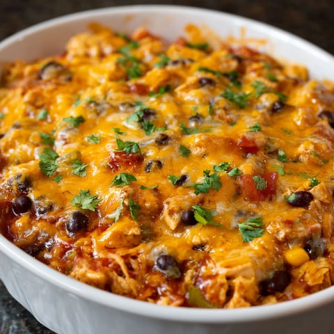 A bowl of Chicken Taco Casserole with a variety of ingredients, including chicken, beans, tomatoes, and cheese.