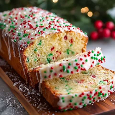 A slice of Christmas Sprinkle Buttermilk Bread is displayed on a wooden cutting board.