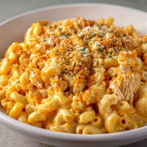 A delicious dish of Buffalo Chicken Mac and Cheese in a white bowl.