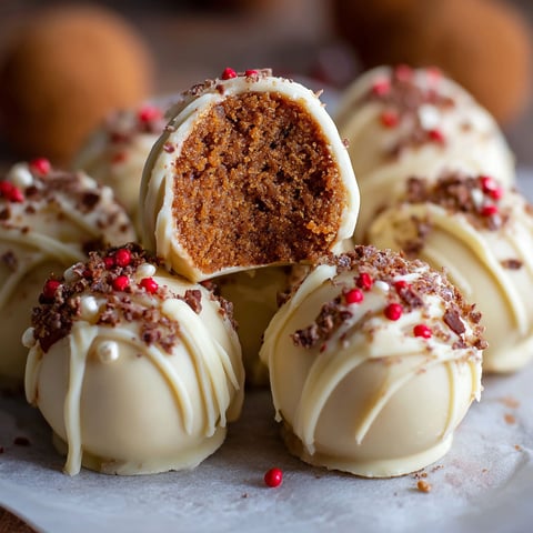 A plate of Gingerbread Truffles with white icing and red sprinkles.