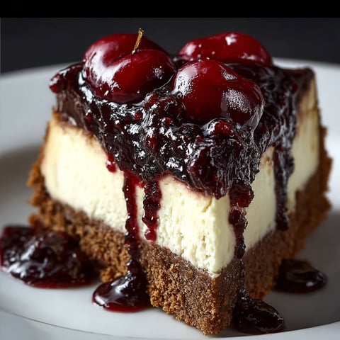 A slice of Black Forest Cheesecake Symphony with cherries on top.