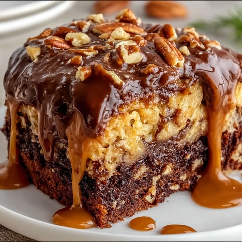 A slice of chocolate cake with caramel drizzle and nuts on top.