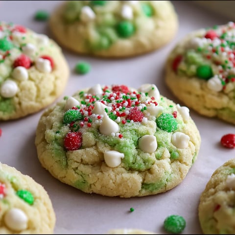A close up of Grinch cookies with white and green sprinkles.