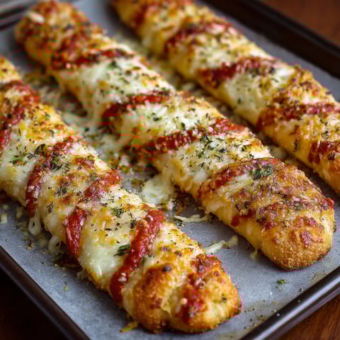A tray of breadsticks with cheese and tomato sauce, resembling a candy cane.