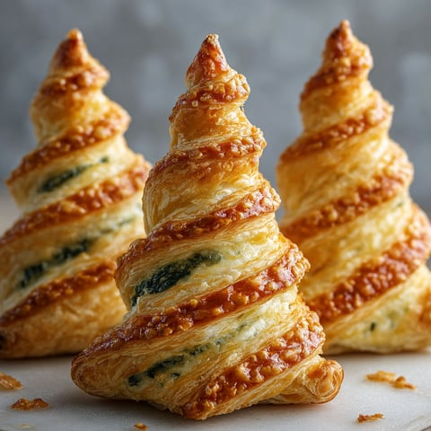 Three delicious spinach puff pastry Christmas trees on a table.