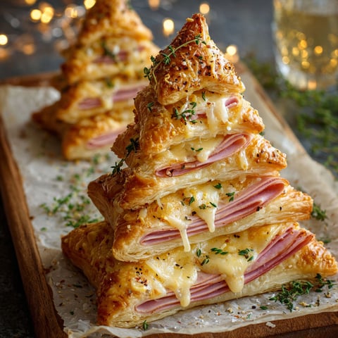 A stack of three ham and cheese puff pastry sandwiches, arranged to resemble a Christmas tree.