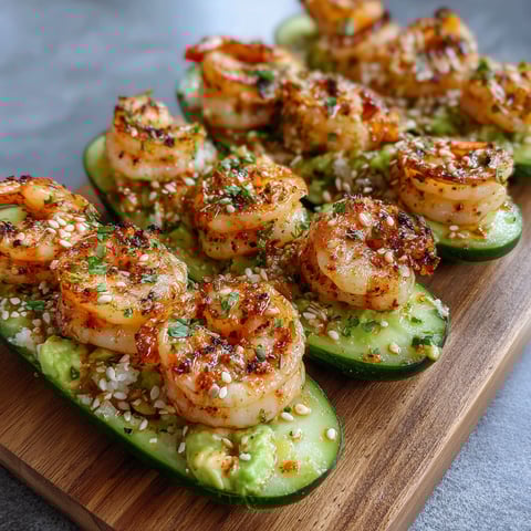 A wooden cutting board with a delicious Shrimp Avocado Cucumber Boats recipe.