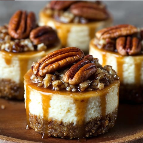 Four mini pecan pie cheesecakes with caramel drizzle on a wooden platter.