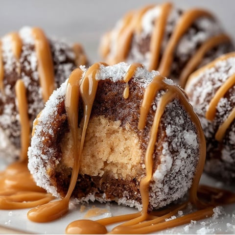 Chocolate Peanut Butter Snowballs with Caramel Drizzle.