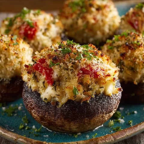 A plate of crab-stuffed mushrooms, a delicious and creative dish from Ruth's Chris.
