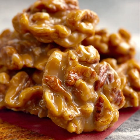 A stack of pecan pralines, drizzled with caramel, ready to be enjoyed.
