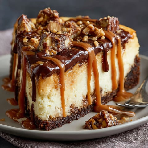 A slice of Snickers Cheesecake with caramel drizzle on a plate.