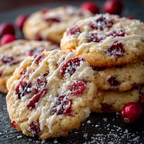 A stack of Cranberry Orange WinterGlow Crème Cookies with white icing and red berries on top.