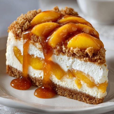 A slice of Peach Cobbler Cheesecake on a plate.