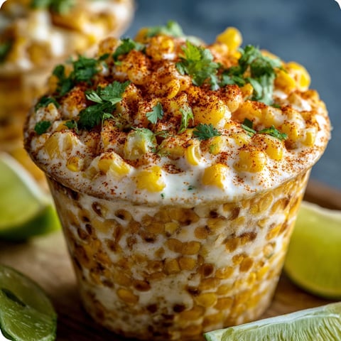 A creamy Mexican street corn cup filled with corn and cheese, garnished with cilantro and lime wedges.