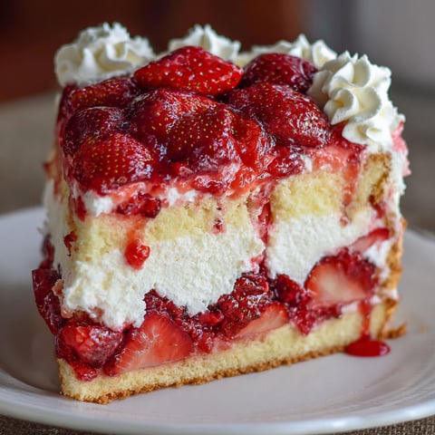 A slice of Strawberries and Cream Dream Layer Cheesecake Cake is displayed on a white plate.