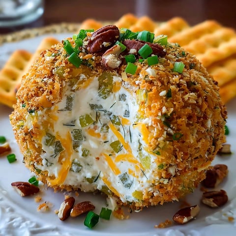 A delicious Dill Pickle Cheese Ball Delight is presented on a white plate, garnished with nuts and pickles.