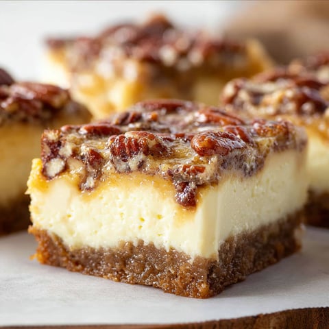 A close up of a delicious pecan pie cheesecake bar.