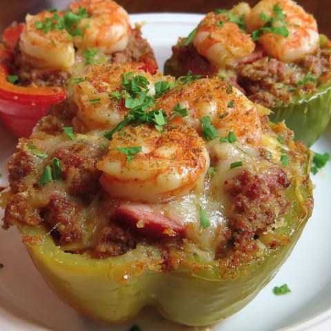 A plate of Cajun Surf & Turf Stuffed Peppers, filled with shrimp and beef, is presented on a white plate.