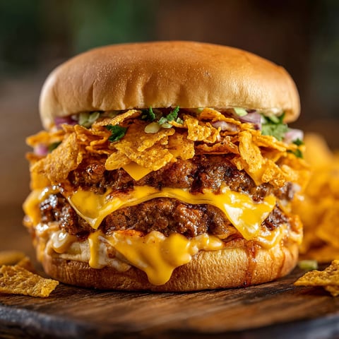 A delicious Doritos BBQ Ranch Smash Burger with Cheddar Flood, loaded with cheese and crispy Doritos, is ready to be devoured.