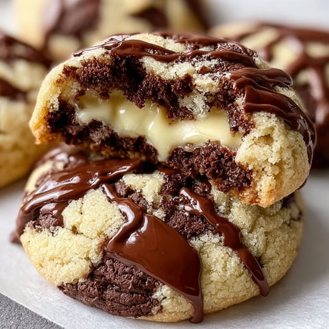 A close up of a delicious chocolate chip cheesecake cookie with chocolate drizzle on top.