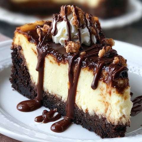 A slice of Heavenly Hot Fudge Sundae Brownie Cheesecake with chocolate drizzle and whipped cream.