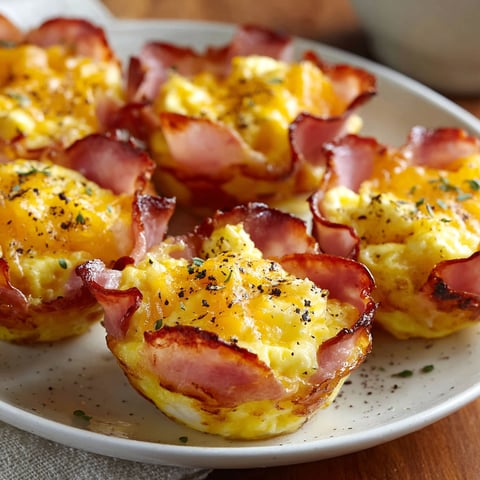 A plate of ham and egg cups is displayed on a wooden table.