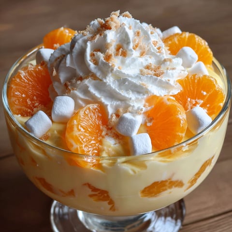 A bowl of Orange Dreamsicle Salad, topped with whipped cream and orange slices.