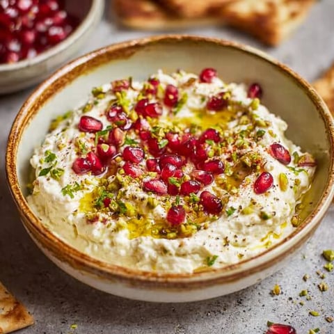 A bowl of whipped feta with pomegranate and pistachio toppings.