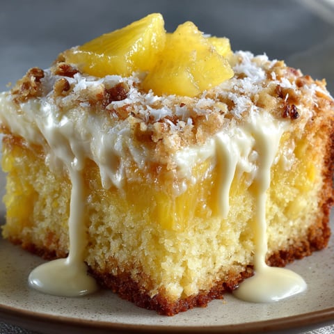 A slice of Hawaiian Pineapple Cake with white frosting drizzled on top.