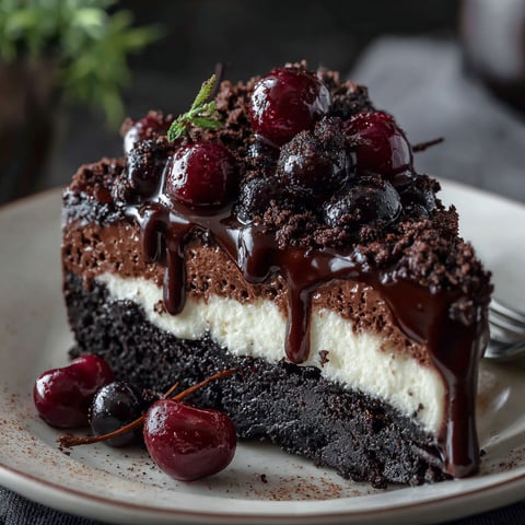 A slice of Black Forest Cheesecake Symphony is drizzled with chocolate sauce and topped with cherries.