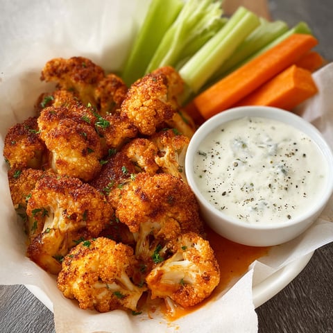 A plate of Cauliflower Buffalo Bites with a side of ranch dressing.