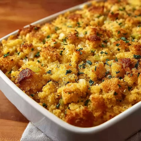 A white dish filled with cornbread dressing.